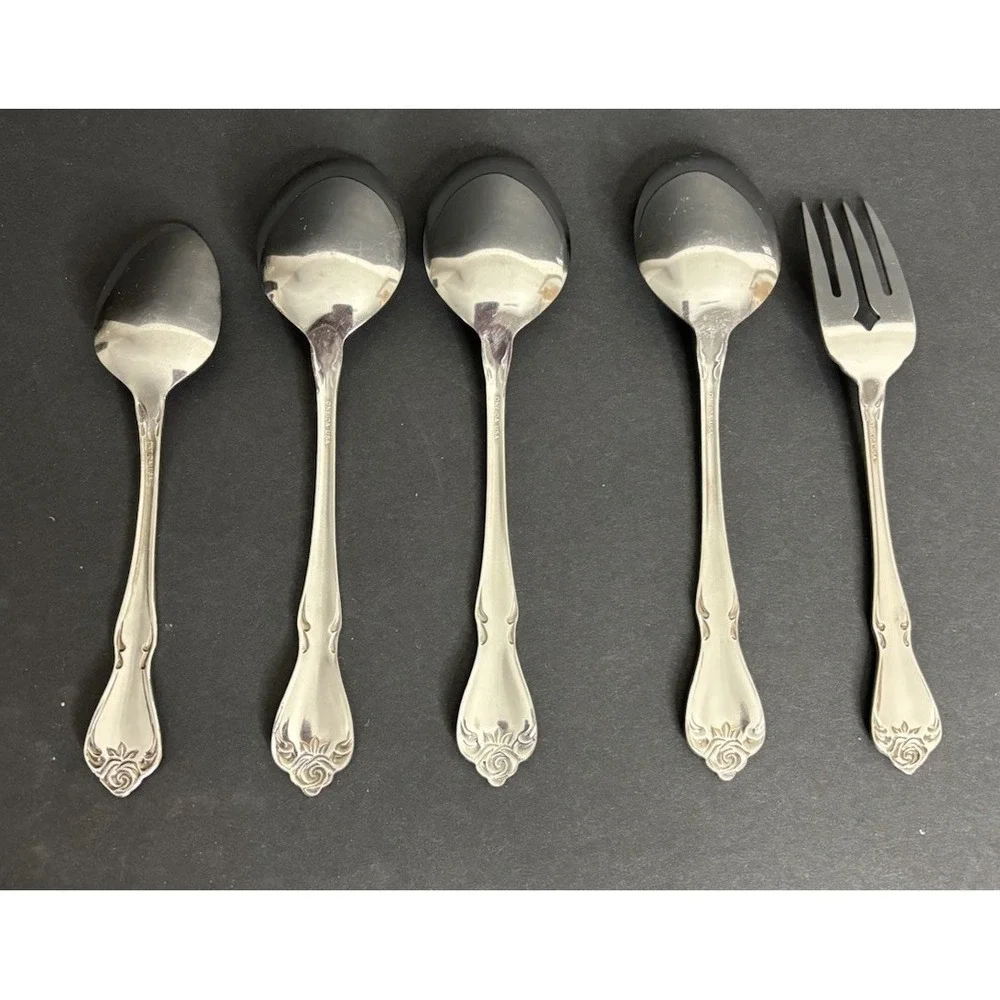 Oneida Arbor Rose True Rose Teaspoon Salad Fork & 3 Oval Soup Spoons Flatware